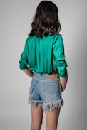 Tink Satin Blouse - Striped jacquard satin blouse with open collar, long sleeves and gathered details.