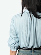 Tink Satin Blouse - Striped jacquard satin blouse with open collar, long sleeves and gathered details.