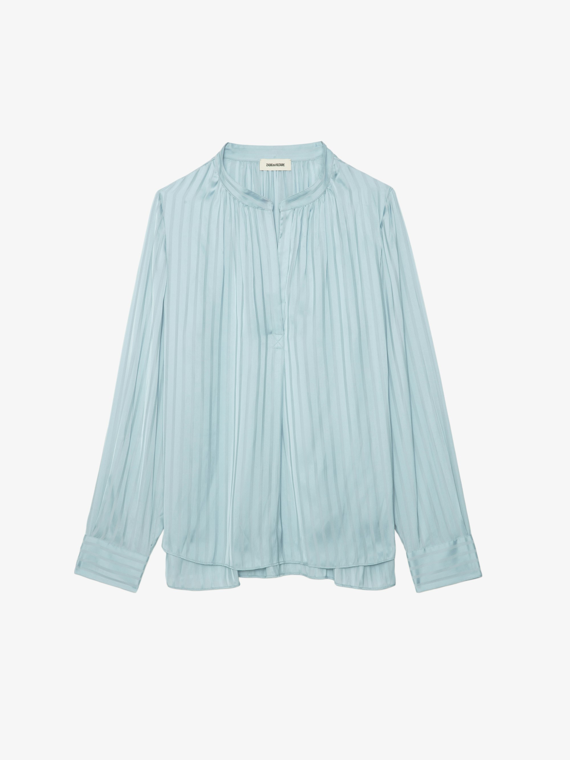 Tink Satin Blouse - Striped jacquard satin blouse with open collar, long sleeves and gathered details.