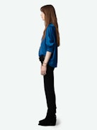 Tink Emerald Green Satin Blouse - Long-sleeved satin blouse with open collar and gathered details.