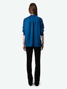 Tink Emerald Green Satin Blouse - Long-sleeved satin blouse with open collar and gathered details.