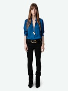 Tink Emerald Green Satin Blouse - Long-sleeved satin blouse with open collar and gathered details.