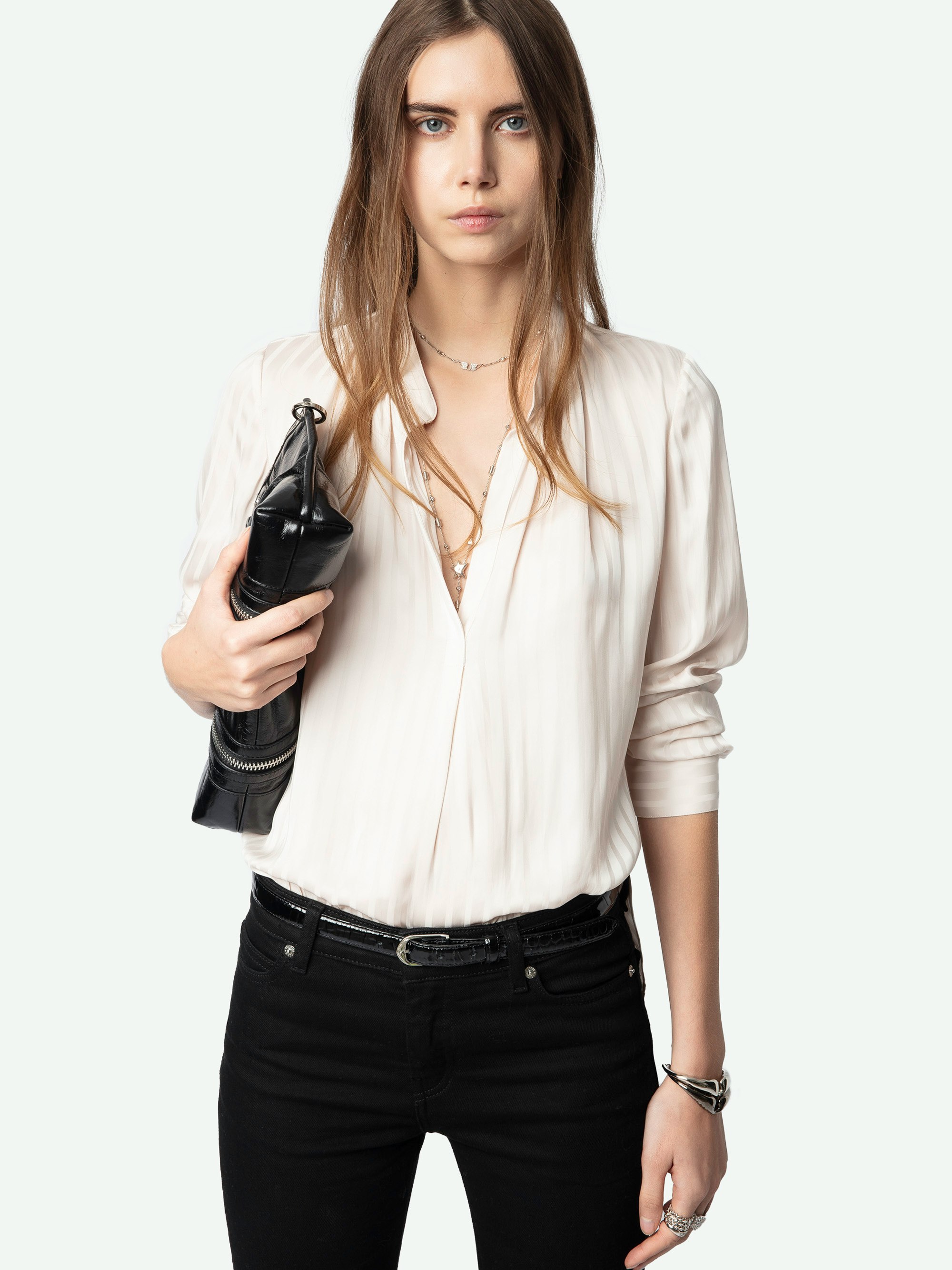 Tink Emerald Green Satin Blouse - Striped jacquard satin blouse with open collar, long sleeves and gathered details.