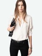 Tink Satin Blouse - Striped jacquard satin blouse with open collar, long sleeves and gathered details.