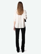 Tink Satin Blouse - Striped jacquard satin blouse with open collar, long sleeves and gathered details.