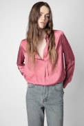 Tink Satin Blouse - Women's pink satin blouse with long sleeves.