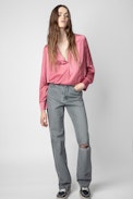 Tink Satin Blouse - Women's pink satin blouse with long sleeves.