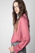 Tink Satin Blouse - Women's pink satin blouse with long sleeves.
