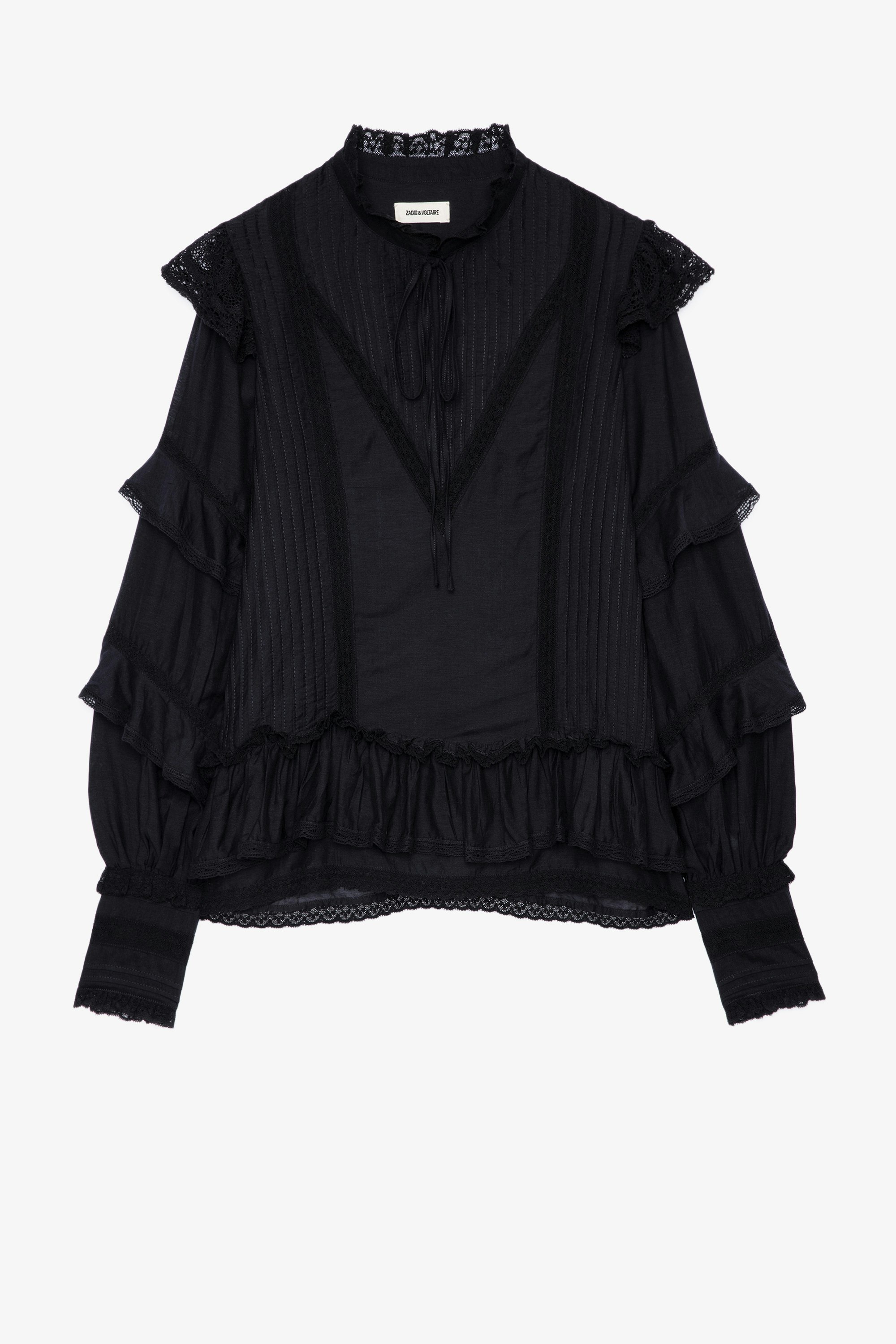 Trinity Blouse Women's black cotton blouse with ruffles