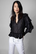 Trinity Shirt - Women's black cotton shirt with ruffles