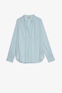 Tink Satin Tunic - Women’s light blue blouse with open collar.