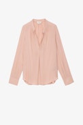 Tink Satin Tunic - Women’s light pink blouse with open collar.