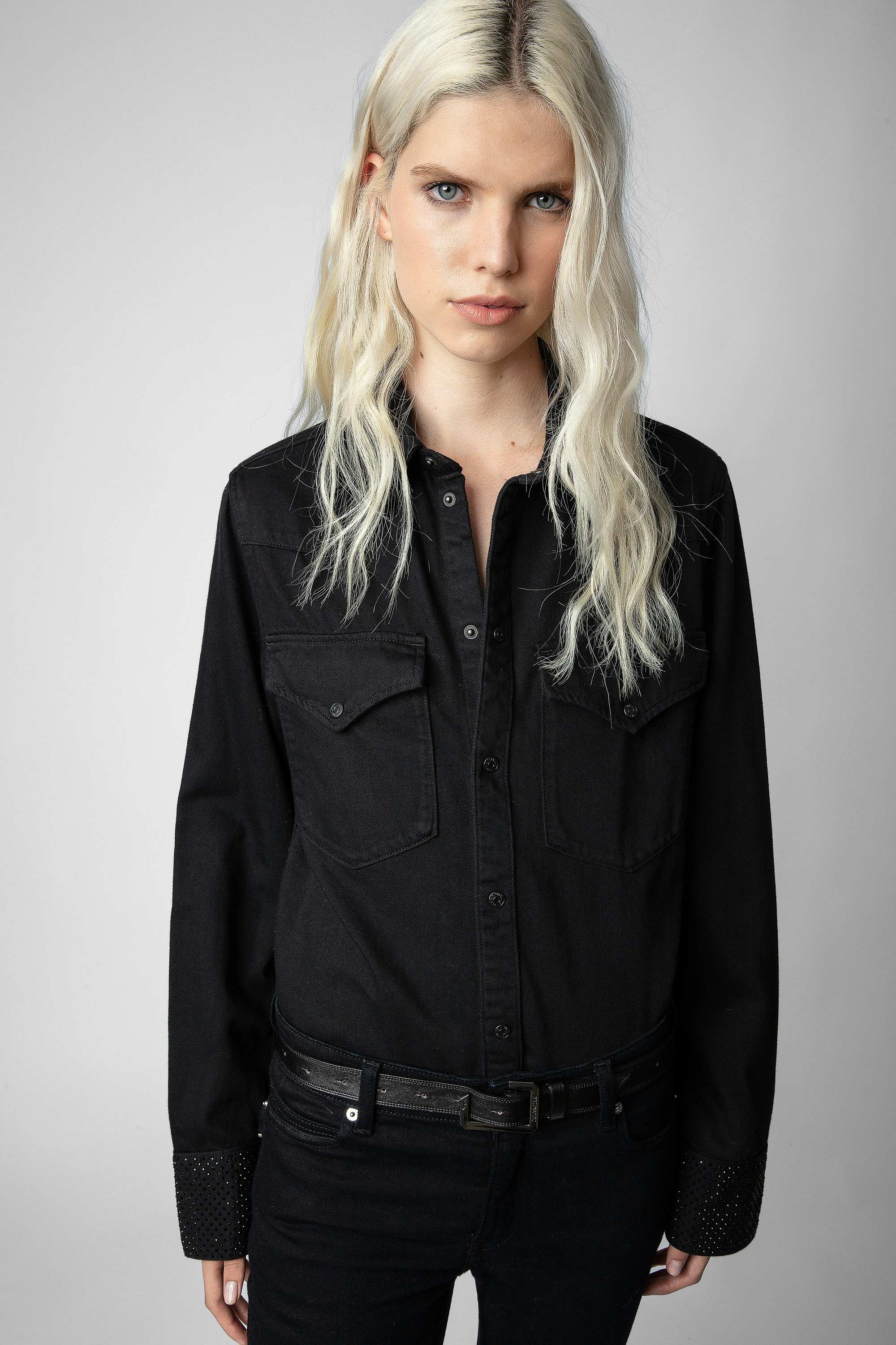 Thelma Shirt - Women’s black cotton shirt with rhinestone embellishment on the cuffs