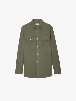 Chemise Teros - Chemise en coton vert à fermeture boutonnée, poches et broderie ZV.