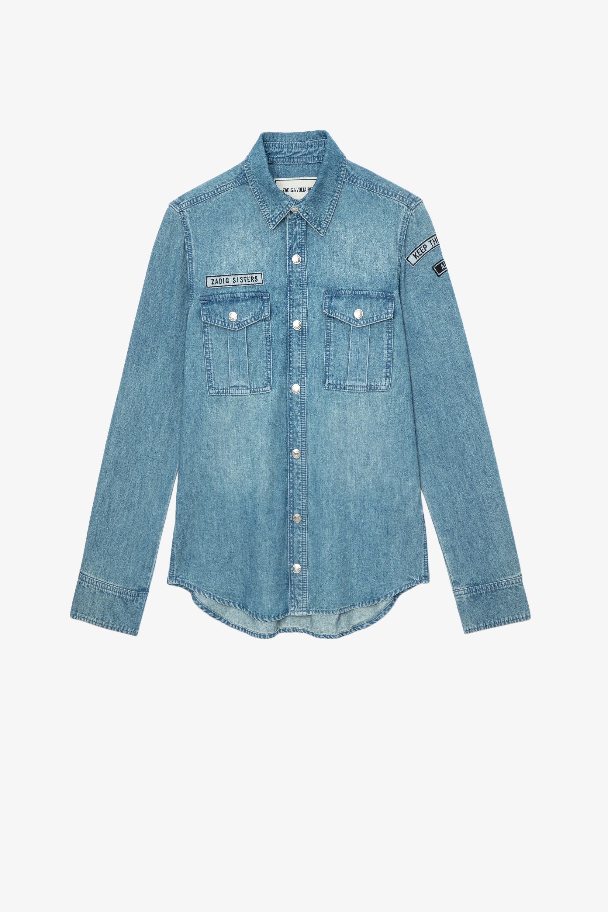 This デニム シャツ Zadig Sister women’s sky blue denim shirt with patch snap buttons