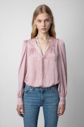 Telia Satin Blouse - Women’s pink satin long-sleeved blouse