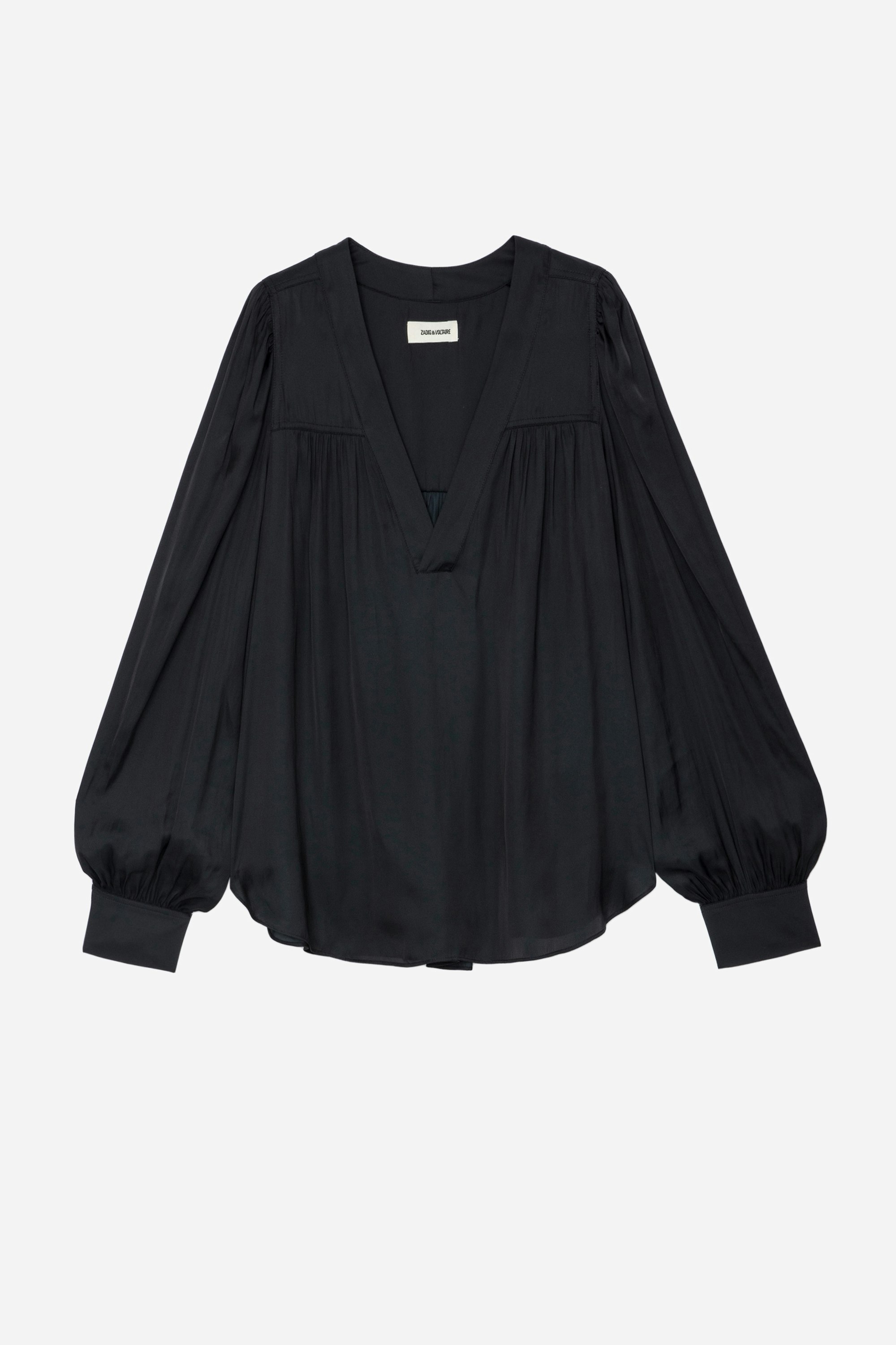 Telia Blouse - Women’s black satin long-sleeve blouse