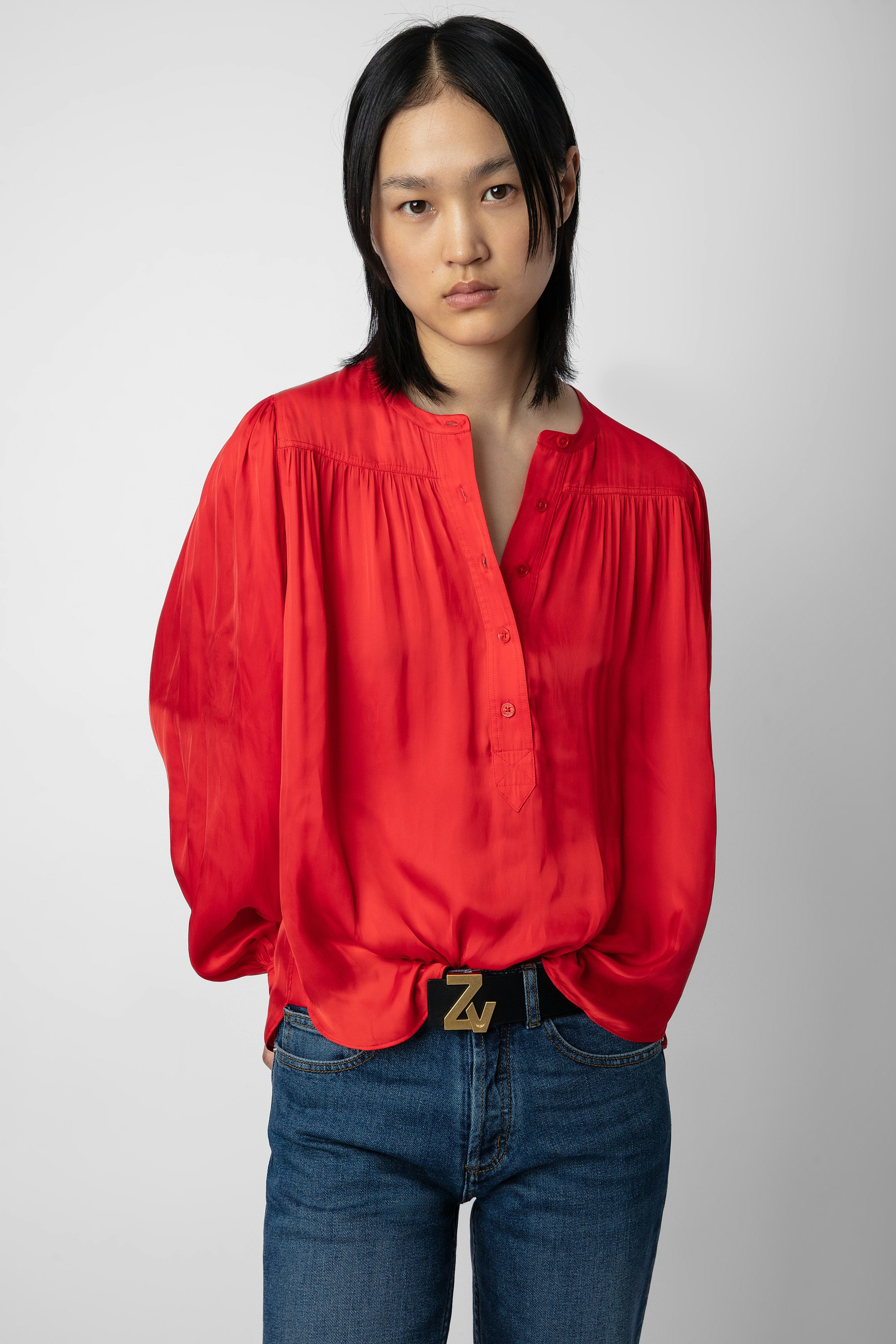Tigy Satin Blouse - Women’s red satin blouse with gathers and buttons