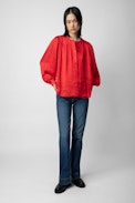 Tigy Satin Blouse - Women’s red satin blouse with gathers and buttons