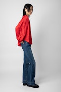 Tigy Satin Blouse - Women’s red satin blouse with gathers and buttons