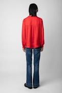 Tigy Satin Blouse - Women’s red satin blouse with gathers and buttons