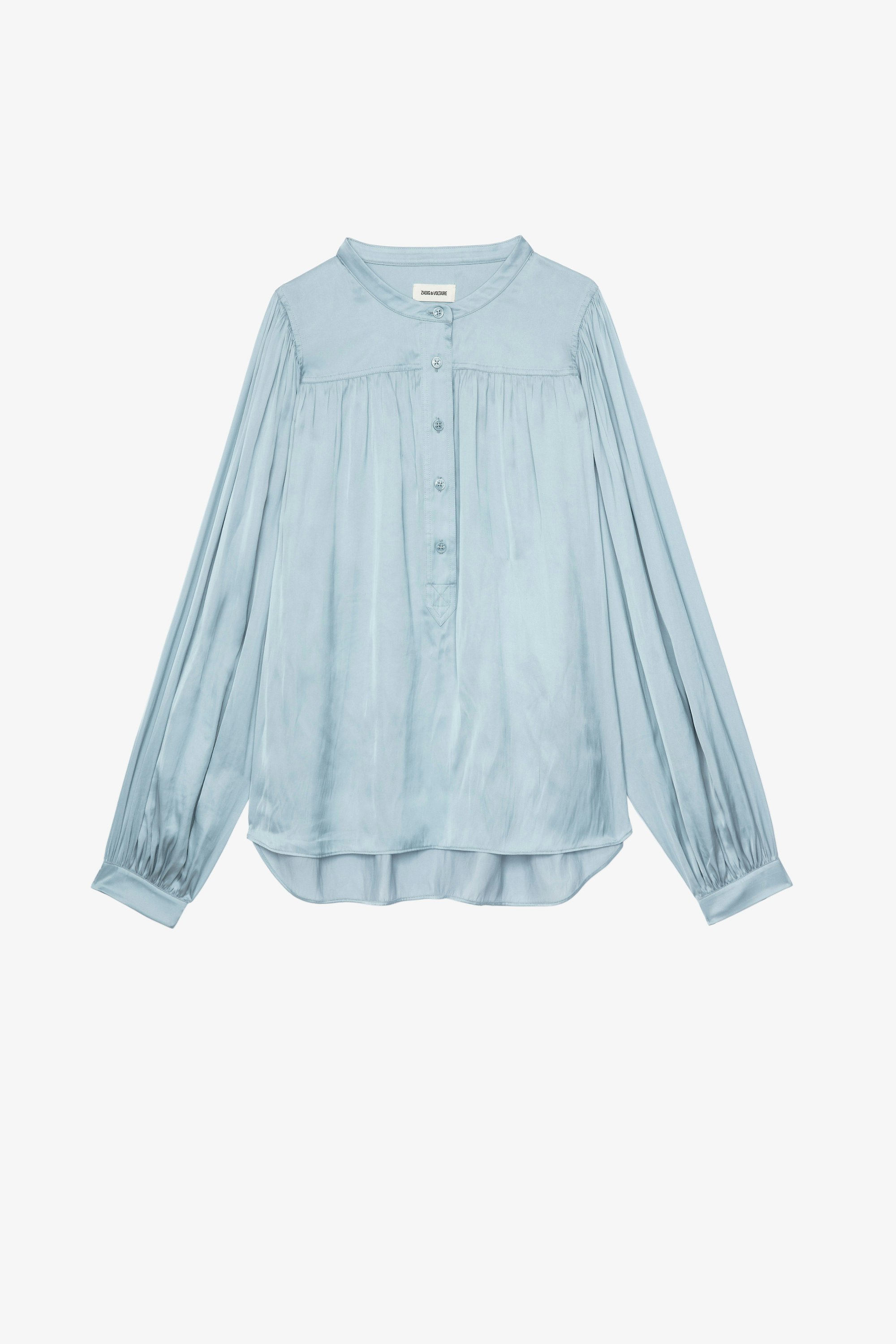 Tigy Blouse   Sky blue satiny blouse with long puff sleeves 