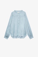 Blusa Tigy raso - Blusa in raso azzurro con maniche lunghe a sbuffo