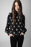 Tia Polka Flowers Silk Shirt - Women’s black silk shirt with buttoned collar and multicoloured floral motifs