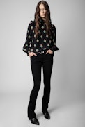 Tia Polka Flowers Silk Shirt - Women’s black silk shirt with buttoned collar and multicoloured floral motifs