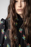 Tia Polka Flowers Silk Shirt - Women’s black silk shirt with buttoned collar and multicoloured floral motifs