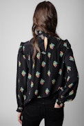 Tia Polka Flowers Silk Shirt - Women’s black silk shirt with buttoned collar and multicoloured floral motifs