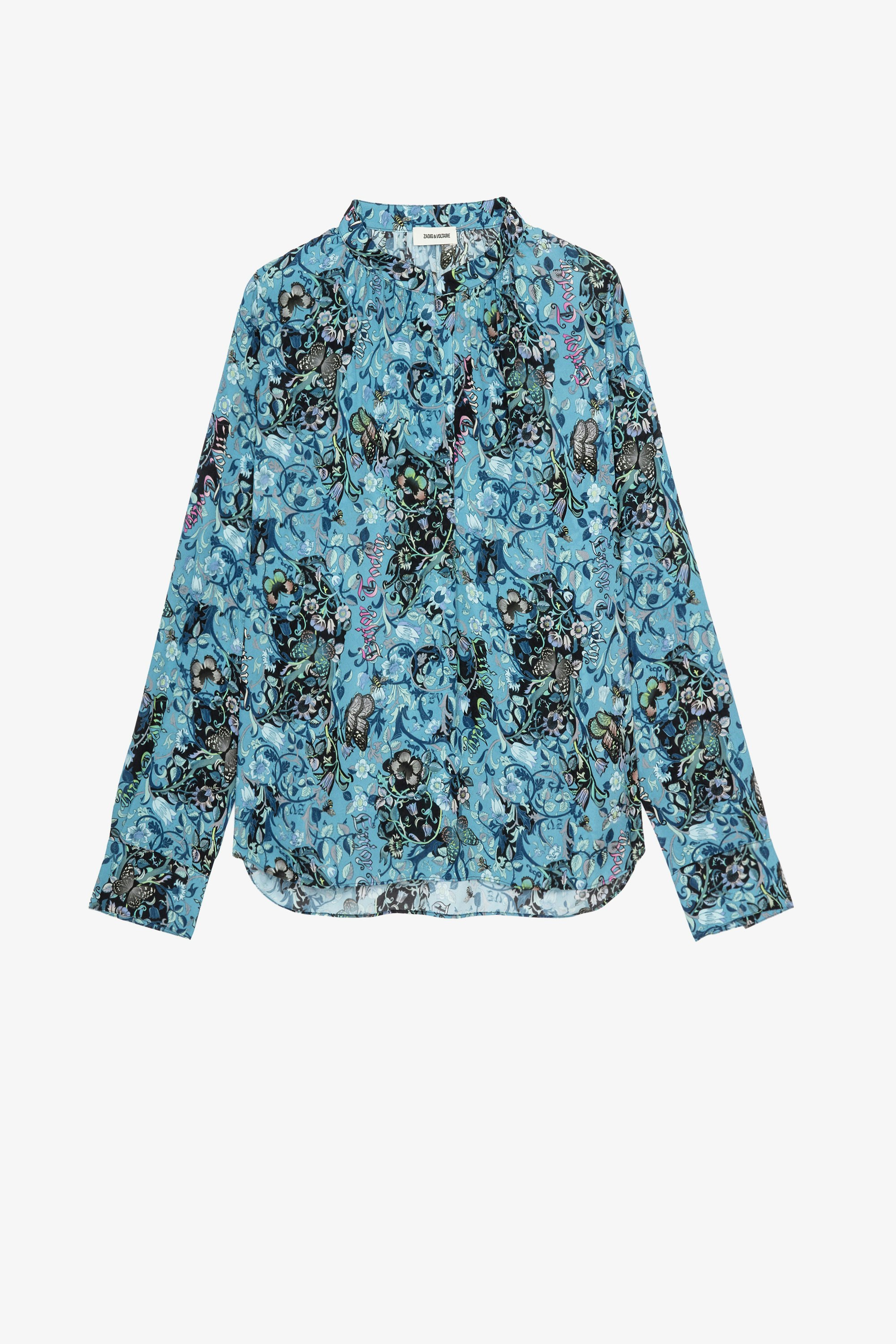 Camisa Tink Bohemian Camisa de satén azul con estampado floral para mujer 