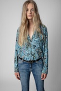Camicia Tink Bohemian - Camicia in raso blu con stampa floreale donna