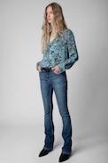 Camicia Tink Bohemian - Camicia in raso blu con stampa floreale donna