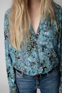 Camicia Tink Bohemian - Camicia in raso blu con stampa floreale donna