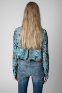 Camicia Tink Bohemian - Camicia in raso blu con stampa floreale donna