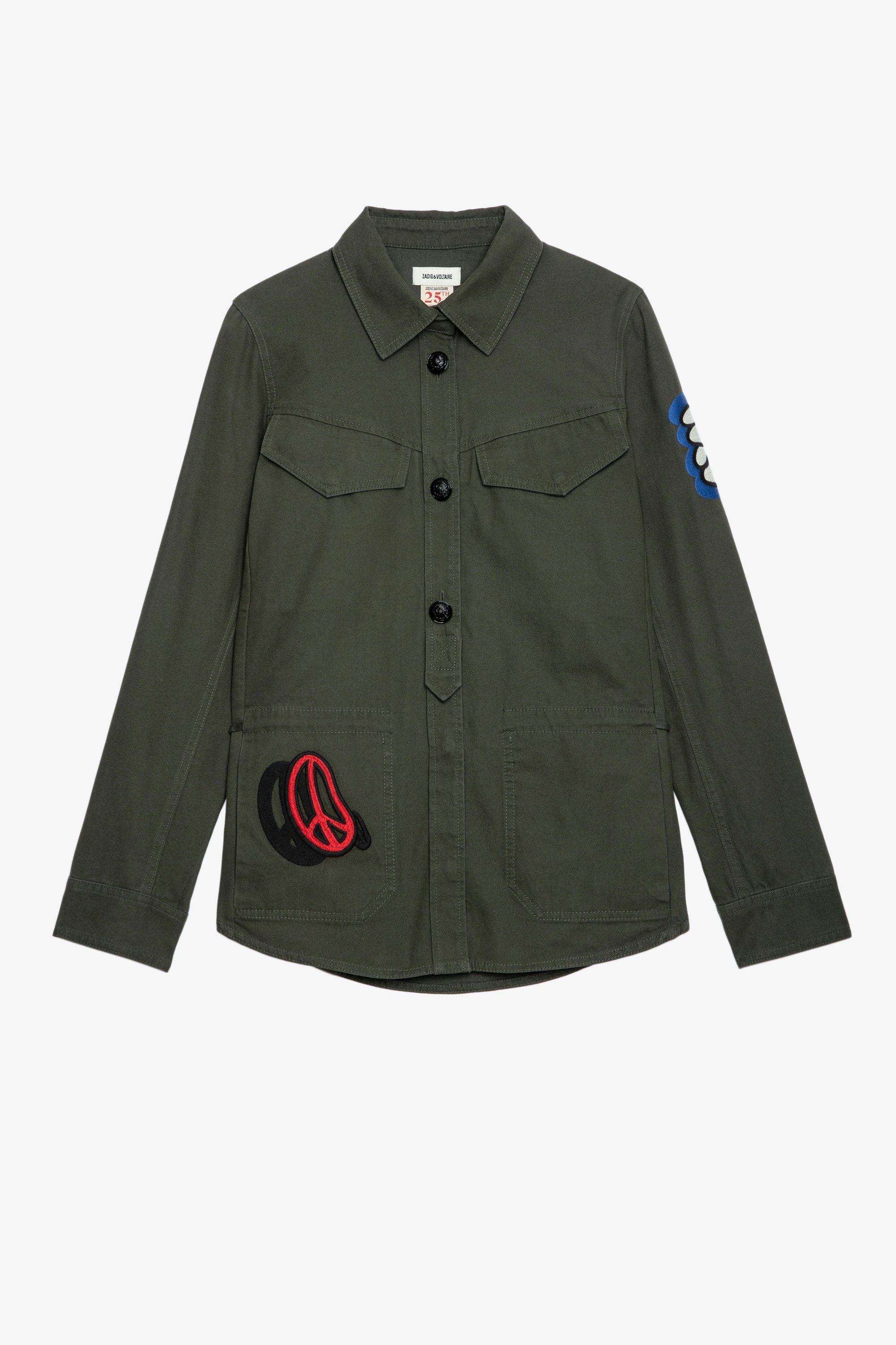 Tackl Embroidery シャツ Women's khaki cotton military shirt with iconic embroidered brand motifs 