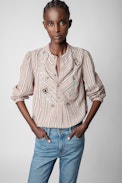 Teda Blouse - Women's pink striped cotton blouse with floral embroidery