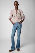 Teda Blouse - Women's pink striped cotton blouse with floral embroidery