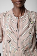 Teda Blouse - Women's pink striped cotton blouse with floral embroidery