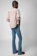 Teda Blouse - Women's pink striped cotton blouse with floral embroidery