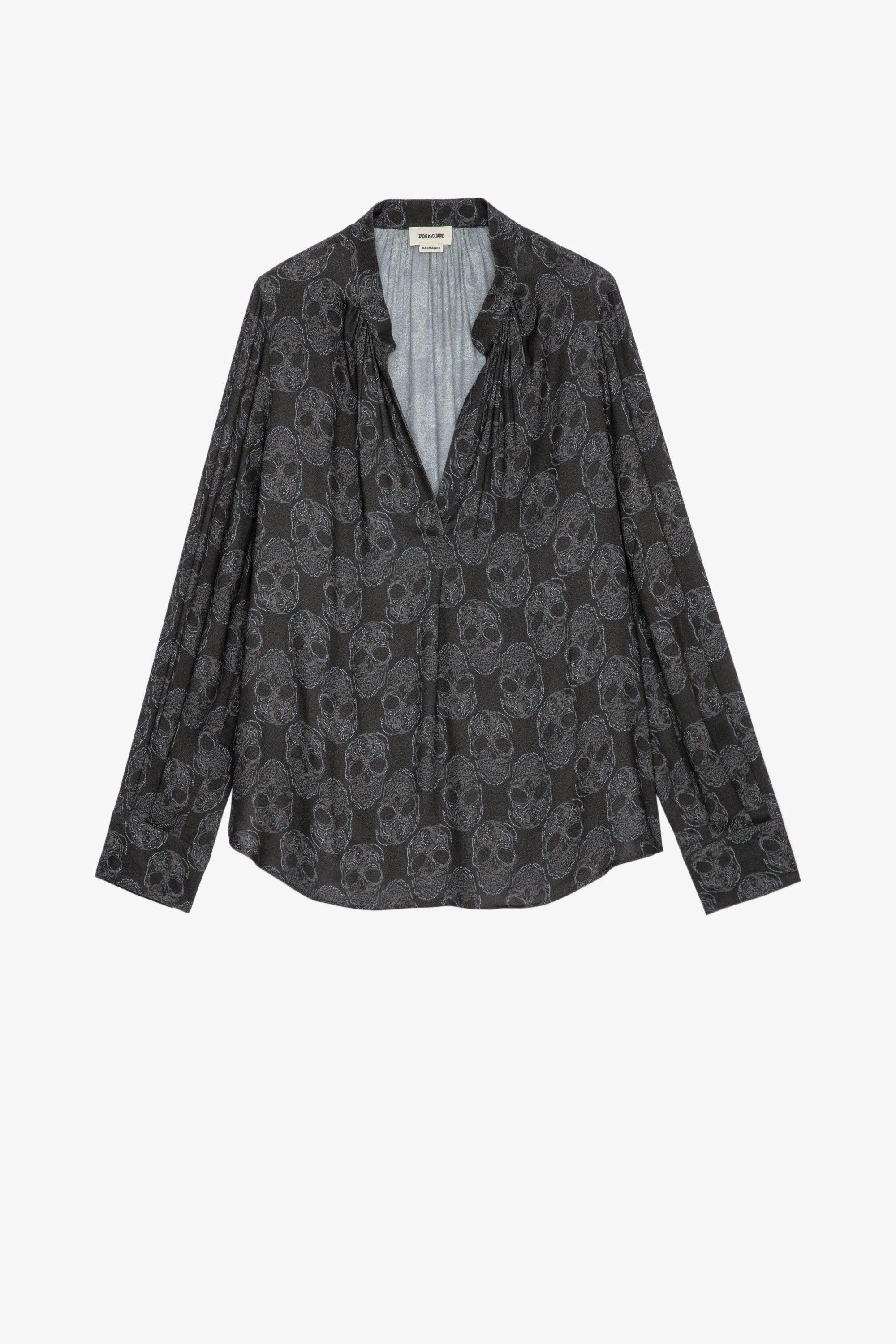 Tink Skull Blouse - Women's grey skull print blouse with open collar.