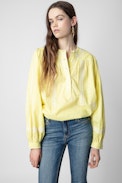 Tigy Blouse - Women's embroidered and gathered yellow cotton shirt