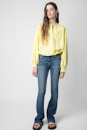 Tigy Blouse - Women's embroidered and gathered yellow cotton shirt