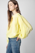Tigy Blouse - Women's embroidered and gathered yellow cotton shirt