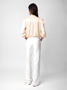 Tchin Satin Blouse - Buttoned pale pink satin blouse with long sleeves and gathered shoulders.