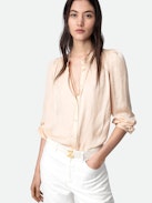 Tchin Satin Blouse - Buttoned pale pink satin blouse with long sleeves and gathered shoulders.