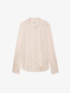 Tchin Satin Blouse - Buttoned pale pink satin blouse with long sleeves and gathered shoulders.