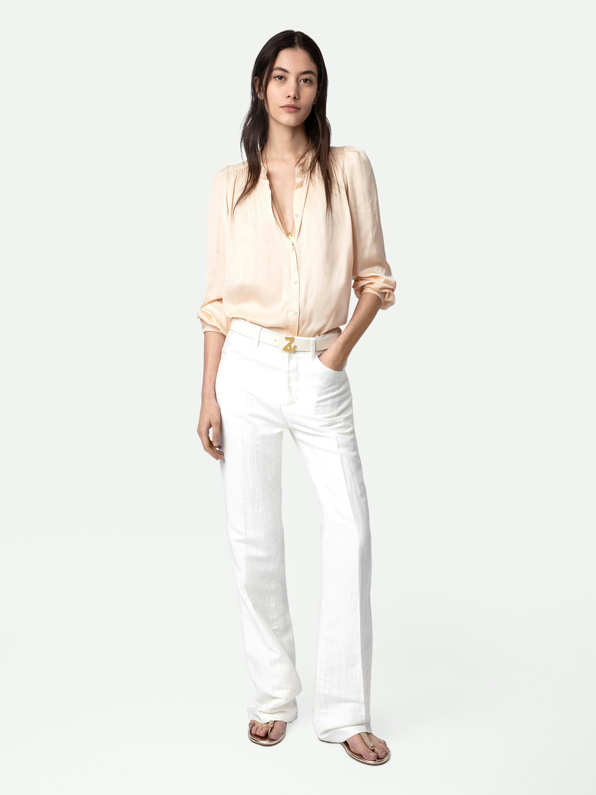 Tchin Satin Blouse - Buttoned pale pink satin blouse with long sleeves and gathered shoulders.