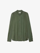 Tchin Satin Blouse - Buttoned khaki satin blouse with long sleeves and gathered shoulders.